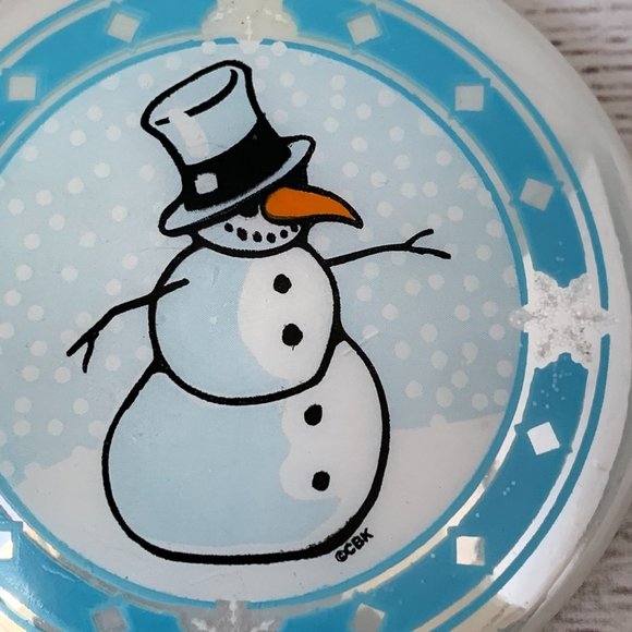 Glass Snowman Christmas Ornament Round Flat White Blue Holiday Tree Decor 4 1/4" - Picture 3 of 5